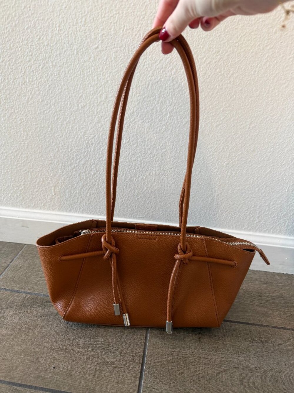 Tan Pebbled Leather Knotted Handle Mini Tote Shoulder Bag Gold Hardware